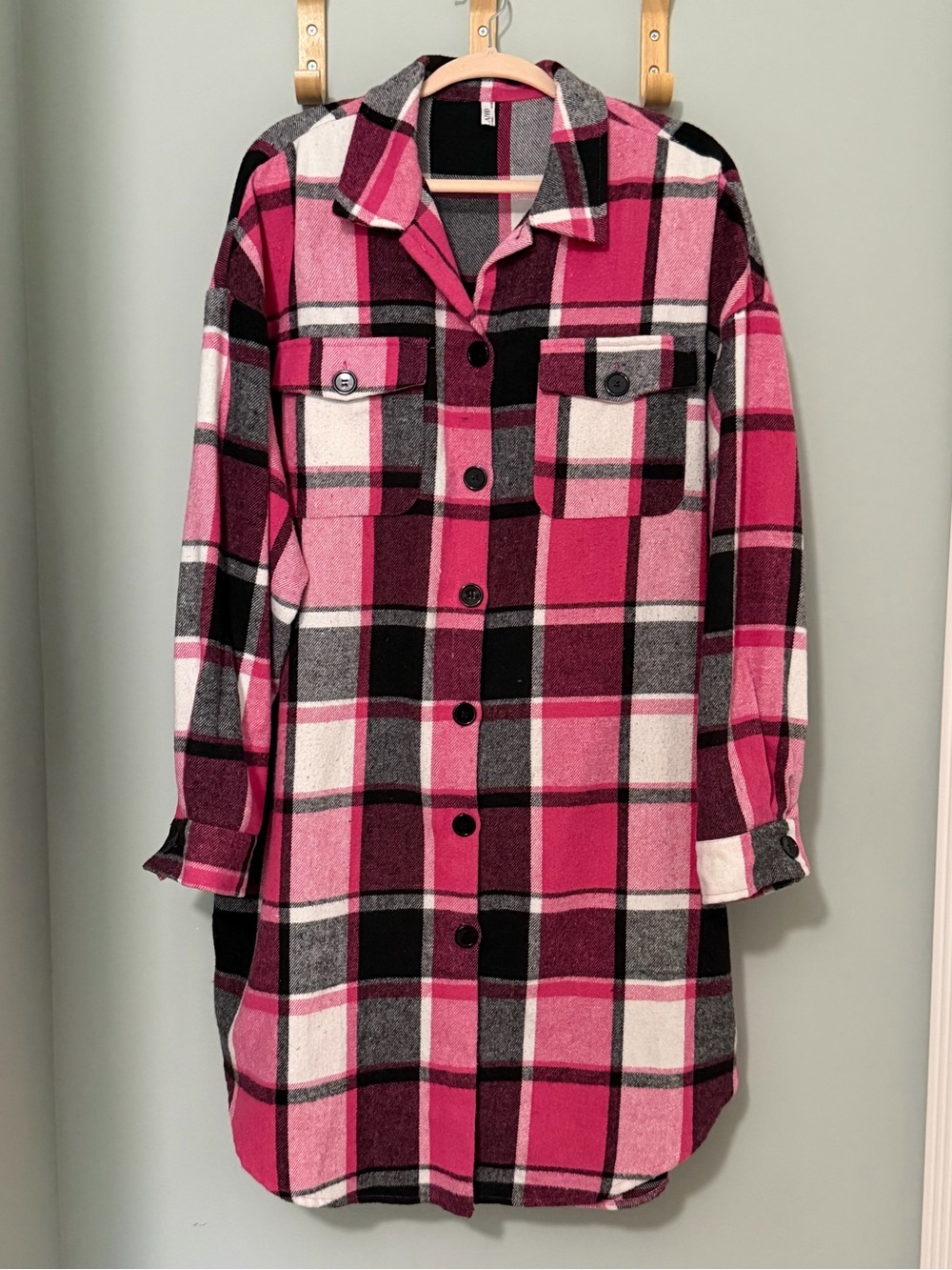 Pink Black White Plaid Long Flannel Shirt Jacket